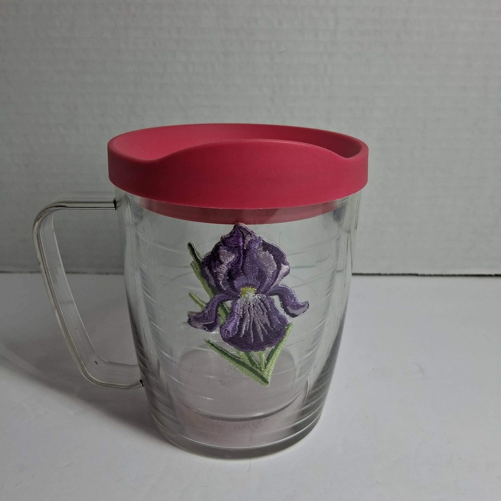 Tervis Tumbler 24 oz Insulated Mug Purple Iris Flower Design Pink Lid.‎ READ